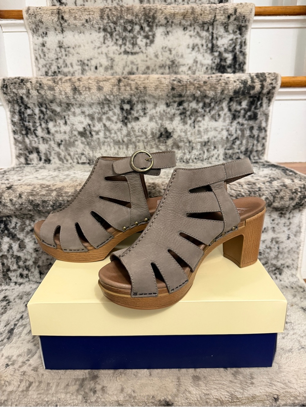 Dansko Leather Taupe Cutout Open Toe Platform Sandals